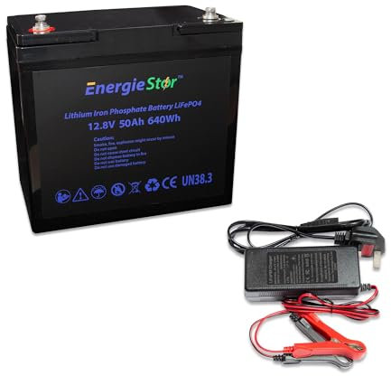 LOWENERGIE 50Ah, 640Wh LiFePo4 Battery 12.8V Lithium-Ion Iron Phosphate 12V Leisure Solar Caravan (Battery plus charger)