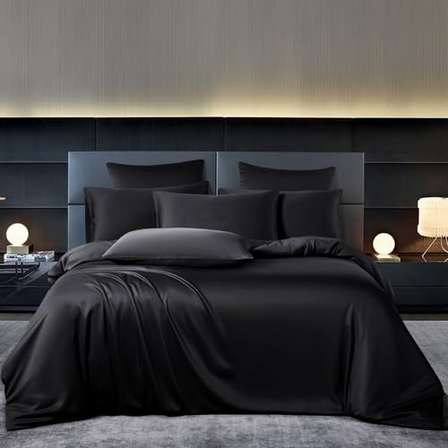 YASMENG Bambu sängkläder 135 x 200 svart enfärgad 50 % bambu Lyocell sängkläder kylande mjukt andas lyx sidenpåslakanset 2 delar med dragkedja och 80 x 80 cm örngott