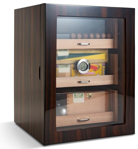 CIGARLOONG Zigarren Humidor，Humidor zigarren Zedernholz 3 Schubladen mit Digital Hygrometer und Humidor Befeuchter, hält 100-130 Zigarren großen Innenraum Humidore (Braun1)