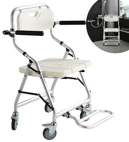 Aocay Fauteuil Roulant Douche, Tabouret de Douche sur Roulette, Chaise pour Douche Adulte Handicapé, Siège de Douche avec Accoudoirs - Robuste et Durable - Imperméable et Antirouille