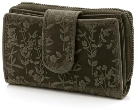 ekavale Leder Geldbörse - Damen Portemonnaie mit Blumenprägung - Sicherer RFID Blocker - Kompakte Brieftasche mit Kartenfächern und klassischem Design für jeden Anlass (Grün)