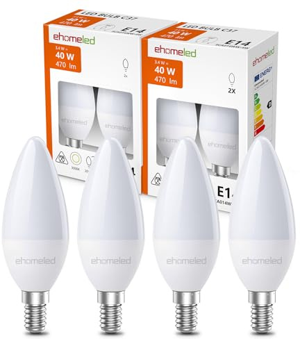 ehomeled Bombilla LED vela E14 luz cálida (3000K), 470 lúmenes 3,4W (=40W), bajo consumo, ideal para lámparas de araña, pack de 4