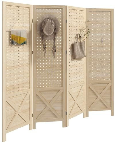 HOMCOM Paravent intérieur en Bois, 4 Panneaux, 152 x 144,5 cm, Panneau perforé, séparateur de pièce Pliable, Panneau perforé pour Salon, Chambre à Coucher, Maison, Bois Naturel