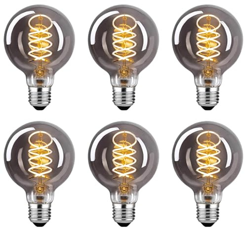 Edison Vintage Glühbirne E27, E27 LED Vintage Dimmbar G80 4W Warmweiss Filament Lampe Retro Glühbirne LED Birne Ideal für Dekorative Nostalgie und Retro Beleuchtung, Rauchgrau Glas- 6 Stück(BT）