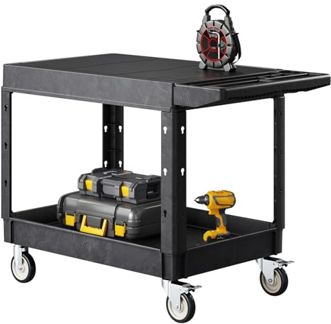 VEVOR Chariot de Service, 1180x650x865 mm, Desserte à roulettes Utilitaire en Plastique Robuste à 2 Niveaux, Capacité Totale 250 kg, avec Roues Pivotantes 360° (2 avec Freins), pour Entrepôt, Garage
