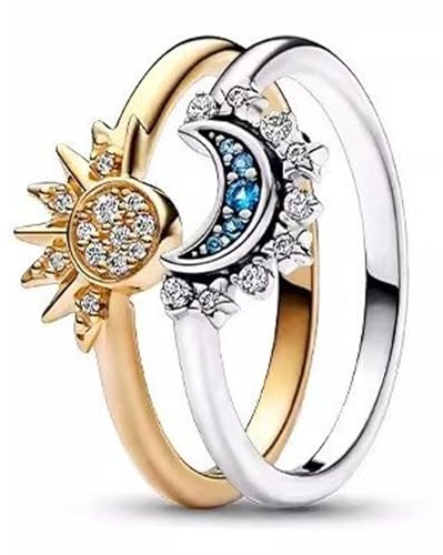 JSTHHTT Anillo sol y Luna, Anillos Mujer, Anillo Superpuesto con Sol y Luna Celestial, Sencillo Circonita Elegante Piedra Preciosa, para regalar a tu novio, novia, esposa o familiares