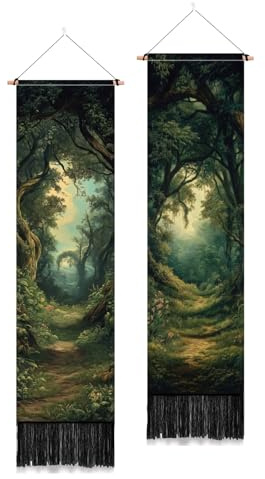 PLIGREAT 2 Packung Vertikaler Wandteppich Mit Quasten „Magischer Wald“ „Tranquility Path“ Ästhetischer Wandbehang Für Schlafzimmer Wohnzimmer Heimdekoration Langer Schmaler Kunst Wandteppich