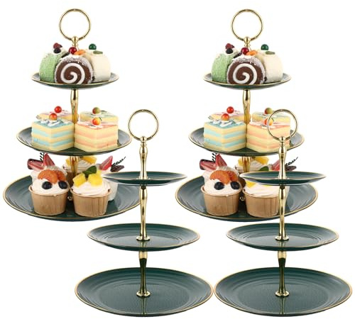 AKOLAFE 4 Pack Afternoon Tea Stands Plastic Cake Stand 3 Tier Cupcake Stand Fruit Dessert Cup Cake Stands for Wedding, Birthday, Party, Green
