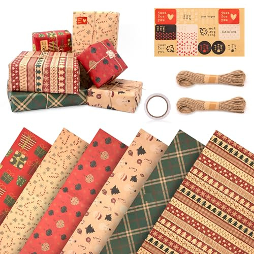 Yesaler Carta da Regalo Natalizia Set 6 Fogli Kraft Carta da Regalo Natale Riciclabile in 6 Modelli Unici di Elementi Natalizi per Regali di Natale 50x70 cm (Modello A)