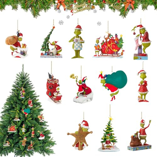 Grin-ch Weihnachtsdeko, 12 Stück Weihnachtsbaumschmuck für Grin-ch, 2D Acryl Anhänger Weihnachten mit Elastischer Kordel, Weihnachtsbaum Deko für Weihnachtsbaum Dekorationen, Party, Urlaub