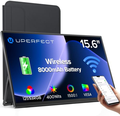 UPERFECT 15.6 Wireless Portable Monitor w/8000mAh Rechargeable Batteries, Support AirPlay, Miracast Display, FHD 1080P VESA USB-C Eye Care External Screen for Laptop/PC/Game Consoles/Phone
