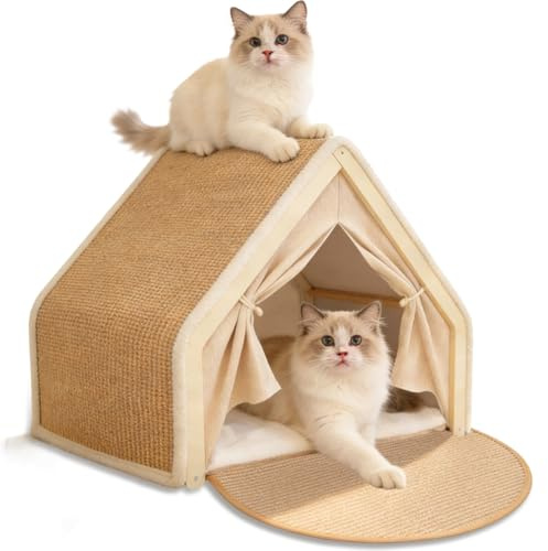 Katzenhaus mit Sisal Kratzbrett, 2-in-1 Holz Katzenzelt, Indoor Katzenhöhle für 2 Katzen, Atmungsaktives Katzentipi als Gemütlicher Schlafplatz und Rückzugsor für Drinnen, 52x40x40cm, Beige