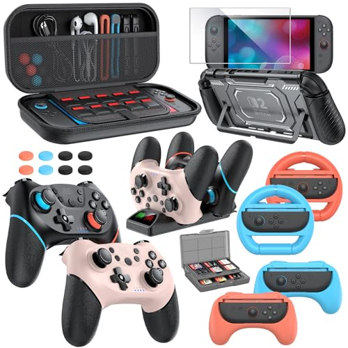 Switch 2 Pro Controller Accessories Bundle for Nintendo Switch 2 (2025), 21-in-1 Kits: Wireless Controllers,Carrying Case,Charger Dock,Grips for Joy Con,Steering Wheels for Mario Kart,Protective Cover