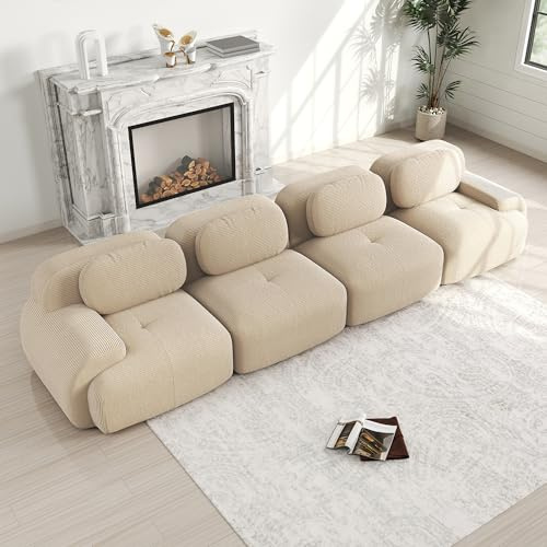 Bladez Divano angolare modulare a 4 posti con chaise longue, imbottitura comfort 32D, braccioli extra larghi, senza montaggio e flessibile, per soggiorno e home cinema, beige, 4 posti