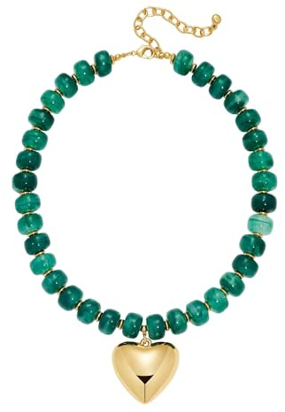 TOVABA Chunky Gold Heart Necklace, Emerald Green Resin Beaded Necklaces for Women, Adjustable Length Chunky Necklace for Summer