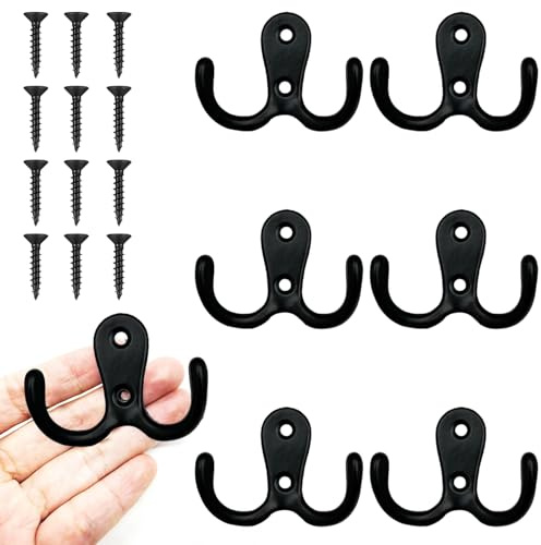 6 Pièces Crochets Muraux Noir, Patere Murale Enfant, Crochet Manteau avec 12 Vis, Double Crochet, pour manteau, veste, chapeau, clés, sac, serviette