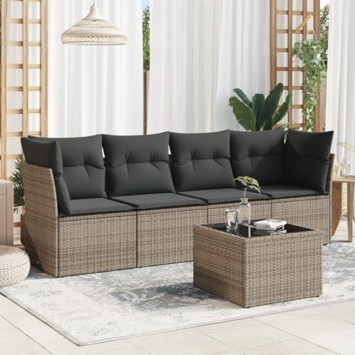 Owoxanthellate 5-TLG. Gartenlounge Grau Poly-Rattan 234x62x69 cm wetterfestes Balkonmöbel-Set mit Glasplatte und gepolsterten Kissen für Garten Terrasse und kleinen Balkon