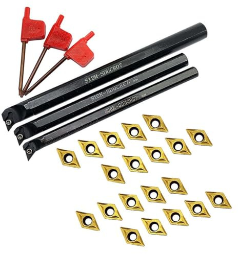 Moliuoly Juego de cinceles rotativos S08K/S10K/S12M con 20 plaquitas DCMT070204, acero de perforación interior 40Cr para acero y hierro fundido, corte derecho de 95 grados con llave T8, color negro y