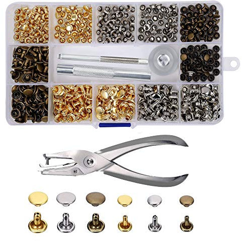 Rivetto in Pelle 240 Set Doppio Testa Borchie Metalliche Tubolari Rivettate 2 Formati con Punch Pinze e 3 Pezzi Kit di Strumenti per Riparazioni Artigianali in Pelle 3 Colori