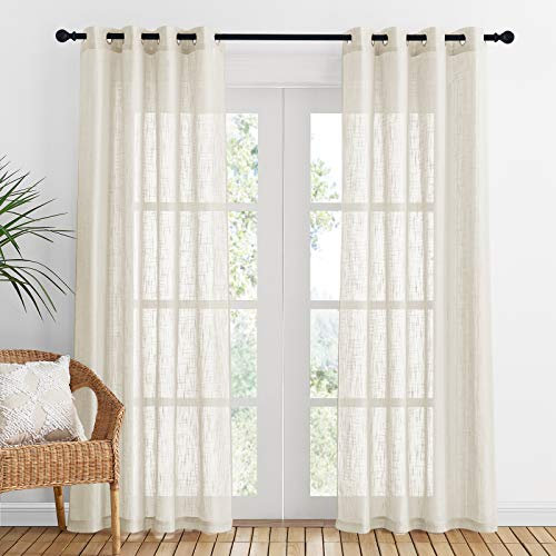 PONY DANCE Natural Linen Look Voile Curtains - 52 x 84 Inches Beige Net Curtains for Windows Lightweight Elegant Sheer Panels with Cross Pattern for Bedroom/Nursery Room/French Door, Set of 2