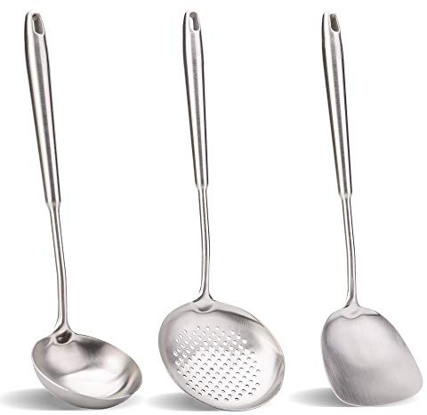 Wok-Pfannenwender und Schöpflöffel, Schöpflöffel, chinesisches Wok-Utensilien-Set, 304 Edelstahl, Kochutensilien (38,1 cm, 38,1 cm, 35,6 cm)
