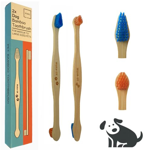 Pet Bamboo Toothbrush for Dogs, Medium to Large Dog, Pack of 2 Double Head Design, Soft Teeth Cleaning Products, Organic Dental Care, Remove Plaque, Dog Breath Freshener, Eco Friendly