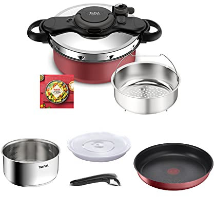 Tefal Ingenio All-In-One Batterie de cuisine 8 p, Faitout, Poêle antiadhésive, Casserole inox, Panier vapeur, Couvercles, Feutrines, 7 styles de cuisson, Sain, Empilable, Induction P4704200, Rouge
