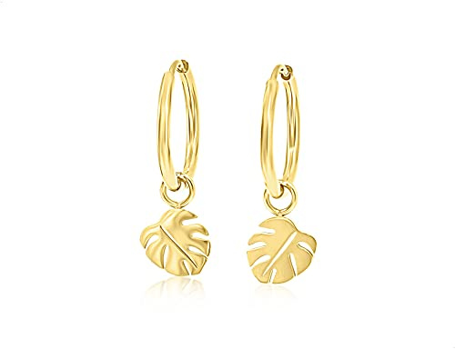 Nuoli® Blatt Creolen Damen (Durchmesser: 12mm) Ohrringe mit Monstera Blatt Anhänger für Frauen & Mädchen, aus Edelstahl