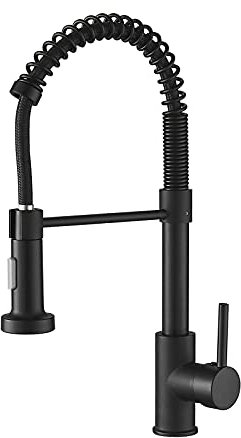 BESy Matte Black Kitchen Sink Tap, 2 Function Kitchen Sink Mixer Taps with Pull Out Spray, Brass High-Arc 360° Swivel Single Handle Spring Rv Taps