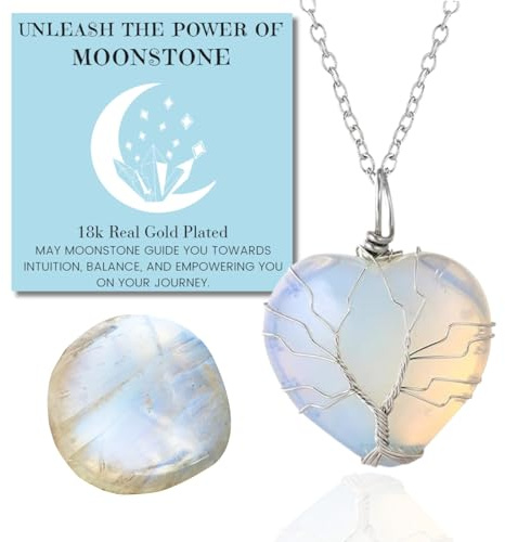 HALUKAKAH Cristal Pierre Collier Femme Naturelle Pierre de Lune Plaqué Platine Laiton Fil Fait Main Sinueux Arbre de Vie Forme de Coeur Pendentif 30×40mm avec Chaîne 50cm