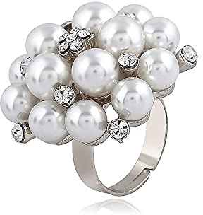 IMINI Grosse bague de mariage avec perles en oxyde de zirconium pour femme et fille Style vintage Bague ouverte réglable Pour anniversaire Le jour de Noël Saint-Valentin cocktail fête Confortable