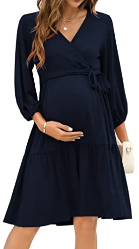 KOJOOIN Robe de maternité pour Femme Col en V Manches 3/4 Robe d'allaitement à Volants Robes de maternité avec Ceinture,Bleu foncé (Manches 3/4),M