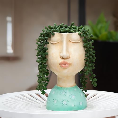 DiliComing Macetas de Cabeza para la Cara, Maceta de 8 Pulgadas para Interiores y Exteriores, Maceta de Resina con Agujero de Drenaje para Plantas de Interior