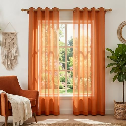 Burnt Orange Curtains 84 Inch Length for Living Room,Bohemian Autumn Boho Fall Decor Set of 2 Panels Grommet Faux Linen Semi Sheer Thanksgiving Curtains for Dining Room Bedroom 52x84 Inches Long