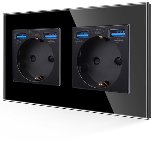 JIMEIDA Doppelsteckdose mit USB in Schwarz, 16Amp Glas Schuko Steckdosen mit Schnelles Laden USB Anschluss Max.2.1A, Unterputz Schutzkontakt Wandsteckdose-86mm, 250V, 2 Fach