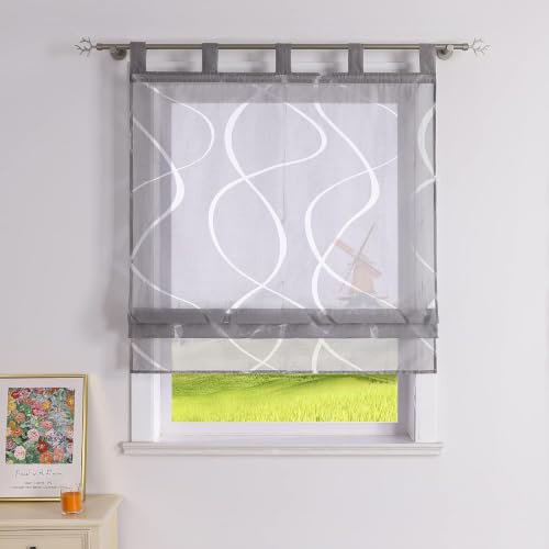 CORLIF Voile Raffrollo mit Schlaufen Ausbrenner Rollo B120 x H140 cm,Grau | 1 Stück,Mit Burnout-Wellenmuster,Küche Raffgardine,Transparent,Modern,Schlaufenrollo Landhausstil,Kurz Vorhang