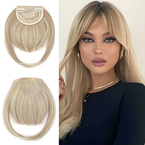 Elailite Flequillo Postizo Pelo Corto Clip Flequillos Falso (sienes 22cm) 1 Pieza 2 Clip en Postizos para Mujer # Rubio Natural/Rubio Claro