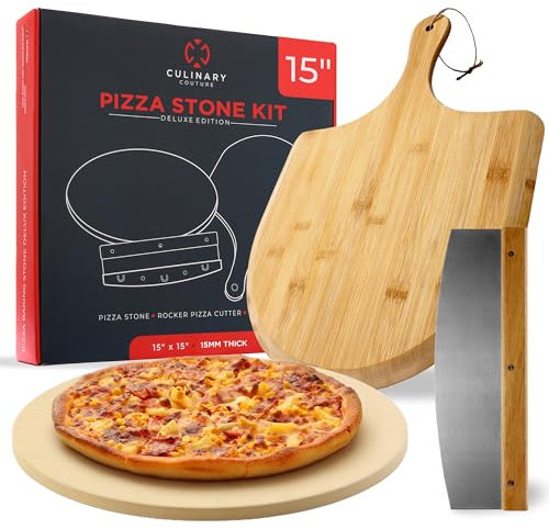 Lot de 3 pierres à pizza rondes pour four - 38,1 cm - Avec pelle à pizza pour four et cutter - Pierres de cordiérite pour pain, calzone, biscuits