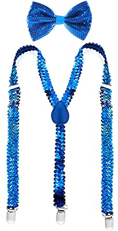 YUANZ Pailletten-Fliege und Hosenträger-Set, Y-Rücken-Stil, bequem verstellbar, elastisch, mit Clips, Unisex für Cosplay-Party (blau)