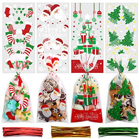 DERAYEE 120 Stück Weihnachten Süßigkeiten Tüten durchsichtige Cellophantüten Kekse Taschen mit Bindfäden für Kinder,Weihnachten,Party.