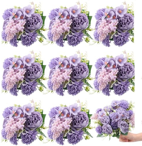 Zeyune 8 fiori di peonia finti in seta, bouquet di ortensie, bouquet di fiori finti per matrimoni, compleanni, feste, centrotavola, decorazione per la casa (viola)