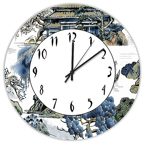 Round Wooden Clock for Wall Decor Blue And Green Chinoiserie Pine Tree Chinese Pavilion Farmhouse Wall Clock 12 Inch Silent Non-Ticking Wood Clock for Office School Classroom Kid's Room Wall Art