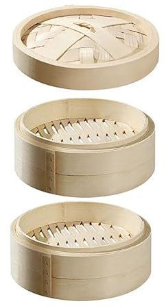 Luminexia Bamboo Steamer,2 Tiers & Lid,Handmade Steam Basket,Chinese Natural Rice Cooking Food Cooker,Traditional Design Healthy Cooking For Dumplings,Vegetables,Chicken,Fish (9 Sizes)