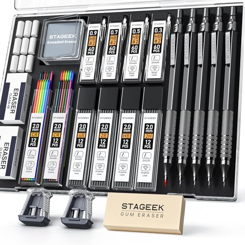 STAGEEK 21PCS Metal Mechanical Pencil Set, Art Lead Pencil 0.3, 0.5, 0.7, 0.9, 2mm Lead Holder(HB 2H 2B 4B Color) with 10 Tubes Graphite Refills Eraser with Case for Drafting Drawing Sketching