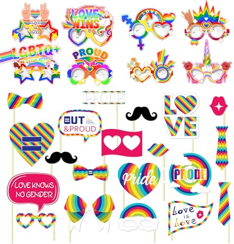 Pride LGBTQ Decorations Accessories 28Pcs Pride Rainbow Photo Booth Props Gay Pride Party Glasses for NHS Bar Parade Pride Decor Rainbow Party Parades Photo Fancy Dress Costume Accessories Eyeglasses