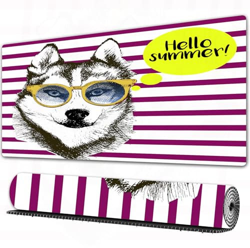 EOMKSE Mauspad Verlängertes großes Mauspad Schreibtischauflage,genähte Kanten Mauspad,Gummibasis,Alaskan Malamute, lila Streifen mit Brille Husky Sketch Yellow Hipster Hallo,Gaming-Mauspad,30x80 cm