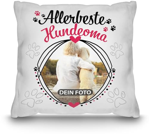 Print Royal PR Hunde-Kissen mit Foto Allerbeste Hundeoma - Geschenk für Hundefreunde zum Geburtstag | Personalisiertes Geschenk, inkl. Füllung, Weiß