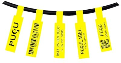 Juego de etiquetas de cable profesionales: 1,2 cm x 10,9 cm, papel autoadhesivo para etiquetadora, 65 pegatinas individuales, duraderas y transparentes, ideales para organización y marcado (amarillo)