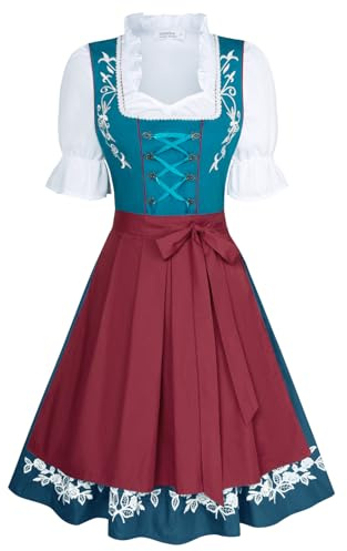 JASAMBAC - Vestido tradicional de Dirndl para mujer, conjunto de 3 piezas para Oktoberfest, vestido de fiesta de carnaval, azul/rojo, M