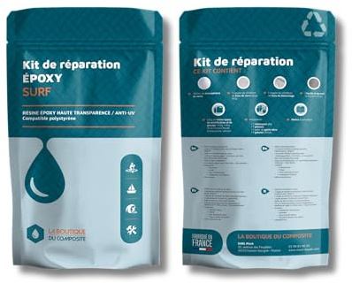 Kit réparation époxy surf/kite – résine anti‑UV compatible EPS + tissu verre – répare étanchéité et rigidité des planches